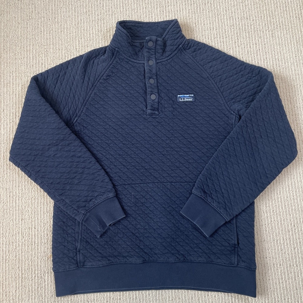 LL Bean Mens Medium Blue Quilted Snap Pullover Sweatshirt Traditional Fit